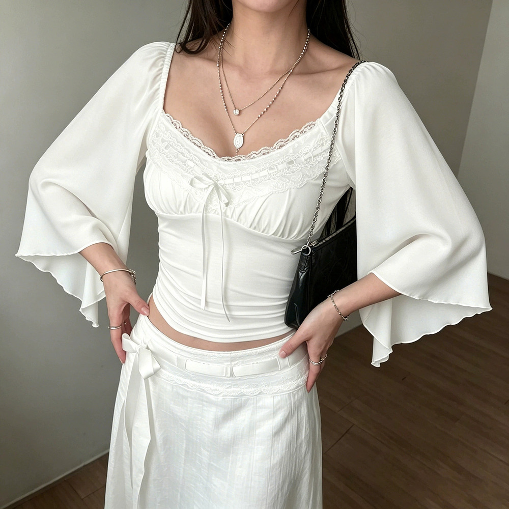 Zara Summer Lace Patchwork Collar Bowknot Flare Sleeve T-Shirt Cinched Top